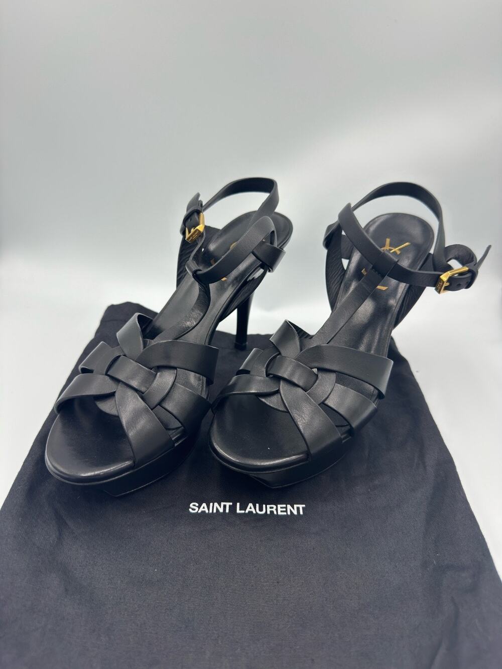 YSL Saint Laurent Black Patent Tribute Platform Sandals High Heels 37 US